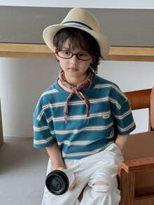 DAZY 男童条纹印花圆领休闲短袖T恤 夏季 - 藍色 - 查看 6