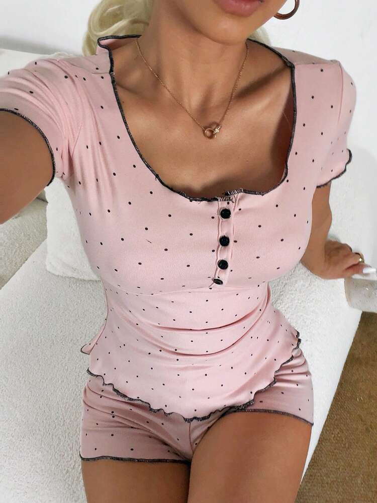 2pcs Polka Dot Fitted Ruffle Trim Short Sleeve Shorts Pajama Set For Women, Summer