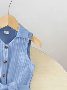 Girls' Casual All-Match Versatile Collared Button-Front Belted Soft Crinkle Denim Look Jumpsuit Pants, Suitable For Autumn, Picnics, Outings, Matching Sets, Daily Wear - Blue - View 5