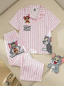 TOM & JERRY X SHEIN 女童夏季休闲条纹卡通印花短袖衬衫和裤子睡衣套装 - 淺粉色 - 查看 1