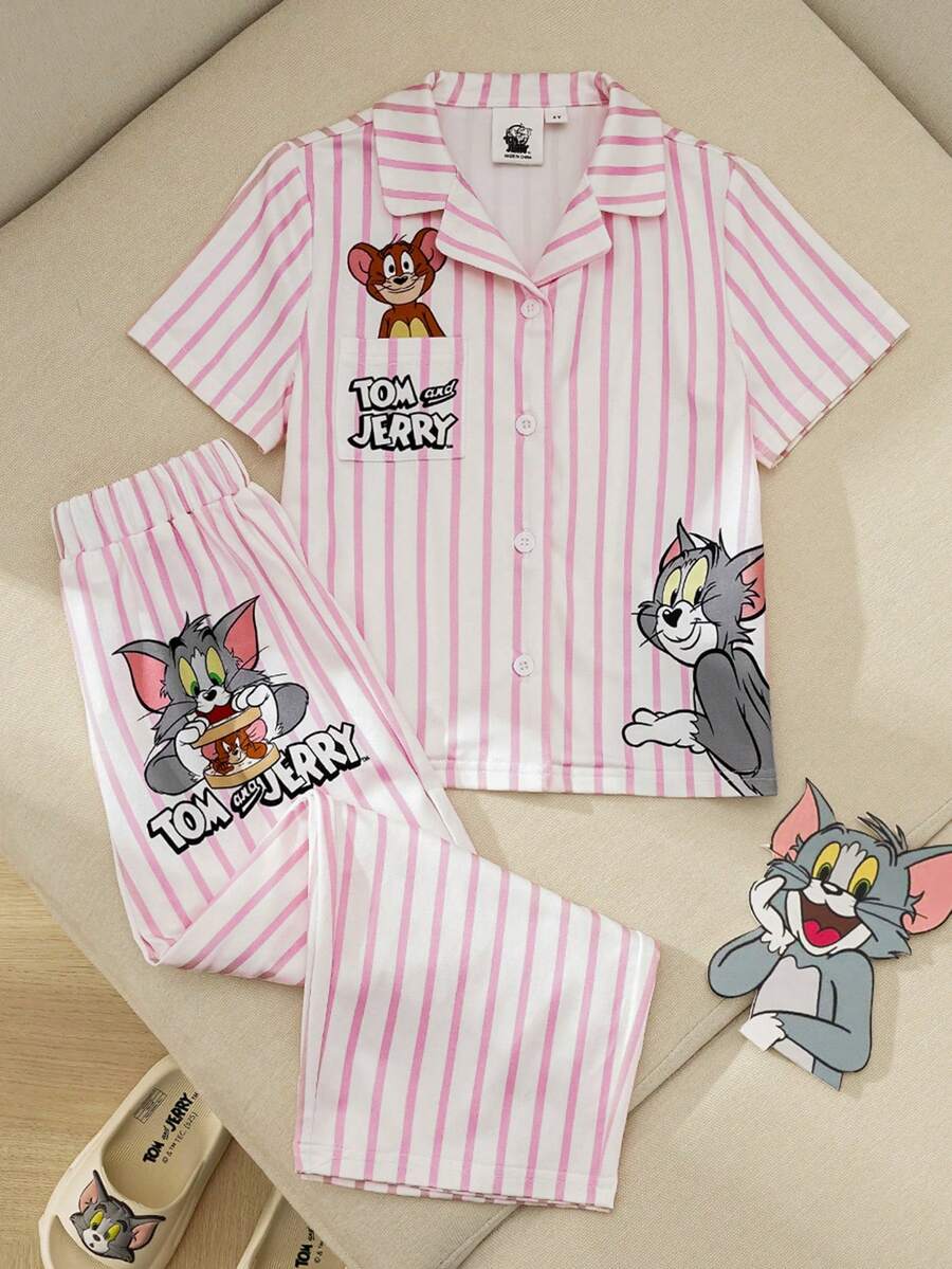 TOM & JERRY X SHEIN 女童夏季休闲条纹卡通印花短袖衬衫和裤子睡衣套装 - 淺粉色 - 查看 1