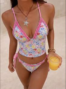 Swim Mod 2026春夏新款甜美碎花三角杯褶皱荷叶边露背吊带背心及系带三角比基尼泳裤两件套 - 彩色 - 查看 4