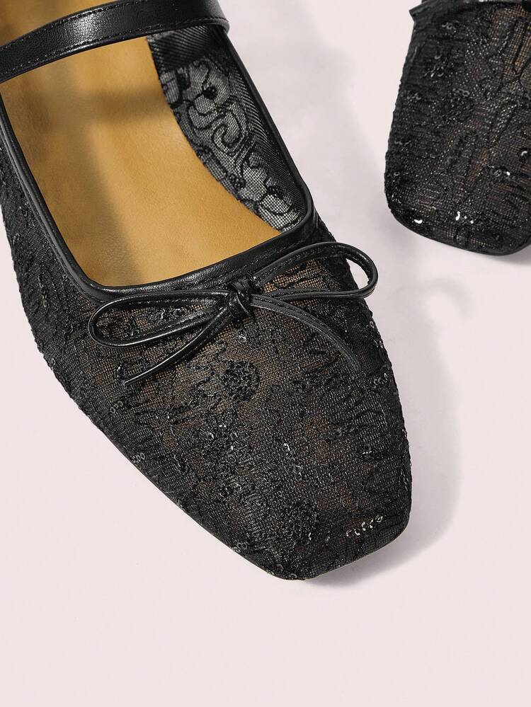 CUCCOO DOLLMOD Ladies' Black Mesh Yarn Embroidered Flower Pattern And Cute Bow Decorative Design French Low Vamp Breathable Mary Jane Shoes Upper Mesh Yarn Material Is Suitable For Spring And Summer Wear