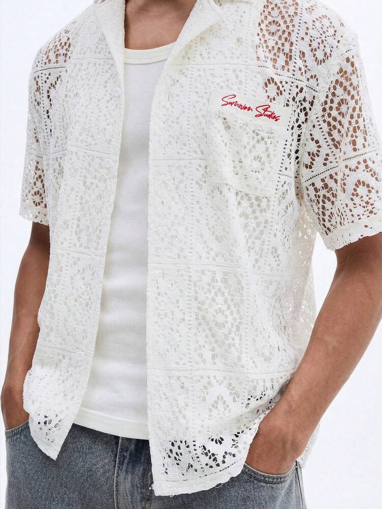 SUMWON Men's Short Sleeve White Crochet Open Knit Button Up Shirt Summer Vacation Resort Casual Collared Top