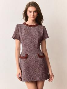 Aveloria Rosie Đầm tay ngắn cổ tròn, thắt eo, chất liệu vải tweed hai màu, trang trí ruy băng, kiểu dáng tối giản, tôn dáng, thanh lịch, cổ điển và lãng mạn. - Màu Đỏ Sâu - Xem 3