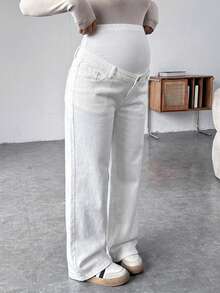 SHEIN 孕妇白色针织拼接白色牛仔宽松裤 - 白色 - 查看 5
