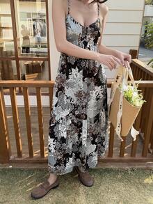 Livesso Robe d'été en mousseline de soie bohème à fleurs Ditsy, patchwork sans manches. Robe midi décontractée pour les vacances à la plage. Robe d'été bohème pour femmes - Bleu marine - Voir 8