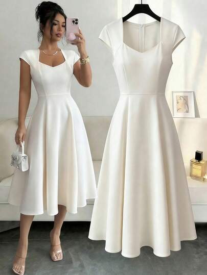 Elenzga 女士纯色方领V领收腰喇叭下摆短袖杏色中长连衣裙，优雅法式复古正式办公通勤商务休闲海滩度假下午茶街头简约百搭复古澳洲居家外出派对奢华春夏新款