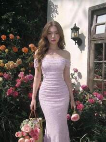 SHEIN MOD 女士纯色简约露肩连衣裙，休闲日常穿着 - 紫色 - 查看 4