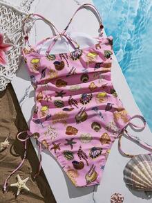 SHEIN Swim Vcay 女士夏季随机海星印花吊带抽绳连体泳衣，适合海滩和度假 - 彩色 - 查看 7