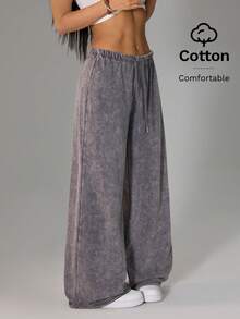 SHEIN PETITE 浅灰色女士休闲低腰直筒运动裤，适合夏季穿着，水洗雪花效果 - 淺灰色 - 查看 6