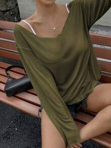 DAZY 女款寬鬆深V領長袖透視休閒上衣，都市街頭風T恤，夏季泳裝外罩衫，適合學校穿著 - 軍綠色 - 查看 5