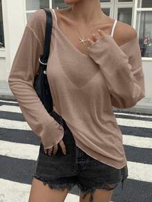 DAZY 女士宽松深V领长袖透视休闲上衣，都市街头风夏季T恤 - 卡其色 - 查看 6