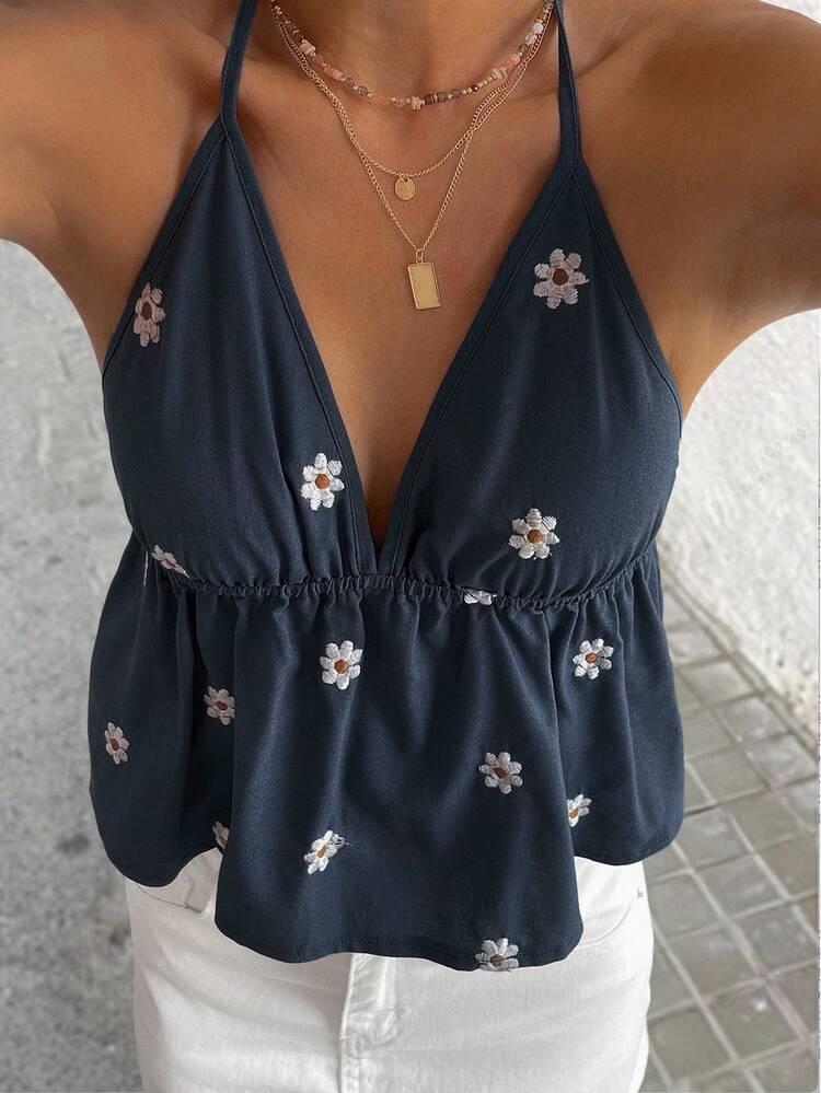 Women's Summer Vacation Floral Embroidery All-Over Print Spaghetti Strap Casual Tank Top
