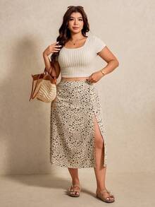 Elaquor 女士黑色圆领针织T恤和印花开衩裙两件套，加大码 - 彩色 - 查看 3