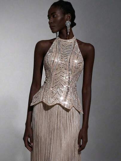 Elitara Elegant Luxurious Beaded Sequin Floral Embroidered Splice Tassel Backless Halter Formal & Evening Dress, Suitable For Weddings, Parties, Vacations, Balls, Galas