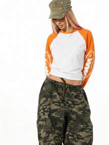 SUMWON WOMEN Kaos Lengan Panjang Raglan Gaya Baseball dengan Grafis Cetak Bola Basket, Atasan Streetwear Kasual Gaya Musim Gugur dan Musim Dingin - Jeruk - View 5