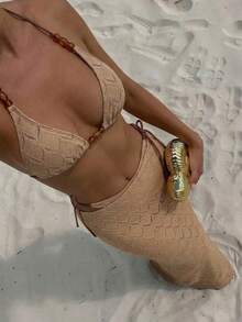 Swim Oasis Women's Summer Textured Fabric Halter Neck Bikini, Side Tie Triangle Bottoms & Skirt 3-Piece Swimwear Set - Khaki - View 1