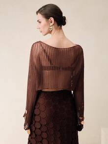Anewsta Women's Elegant Handmade Mesh Knit Beaded Top - Coffee Brown - View 2