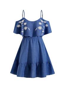 Ellevyn 女士新款时尚优雅露肩袖高端显瘦荷叶边迷你连衣裙，适合度假、日常穿着、聚会、下午茶等多种场合，夏季连衣裙 - 藍色 - 查看 5