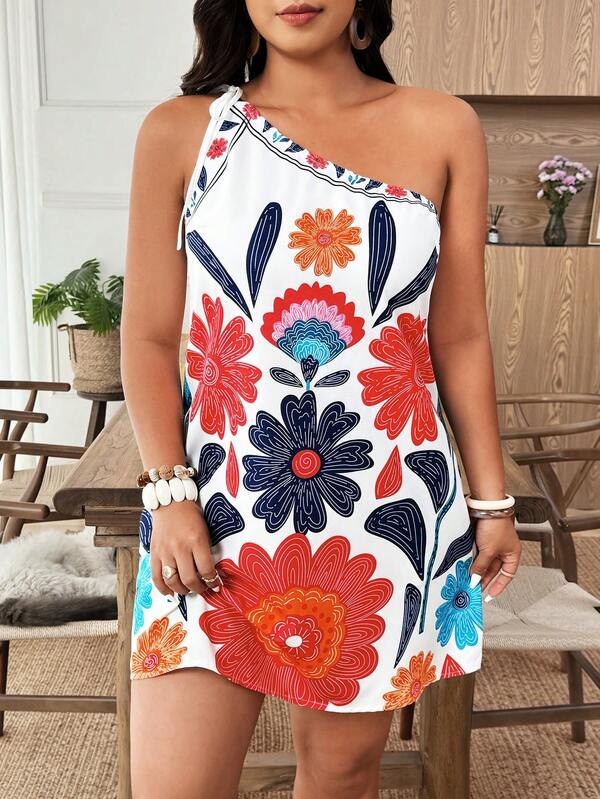 Weeklong Plus Size Women Asymmetrical Shoulder Tie Strap Floral Print Dress, Suitable For Vacation
