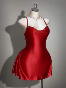 SHEIN ICON 大码女式纯色性感露背吊带垂褶领连衣裙，夏季 - 紅色 - 查看 8