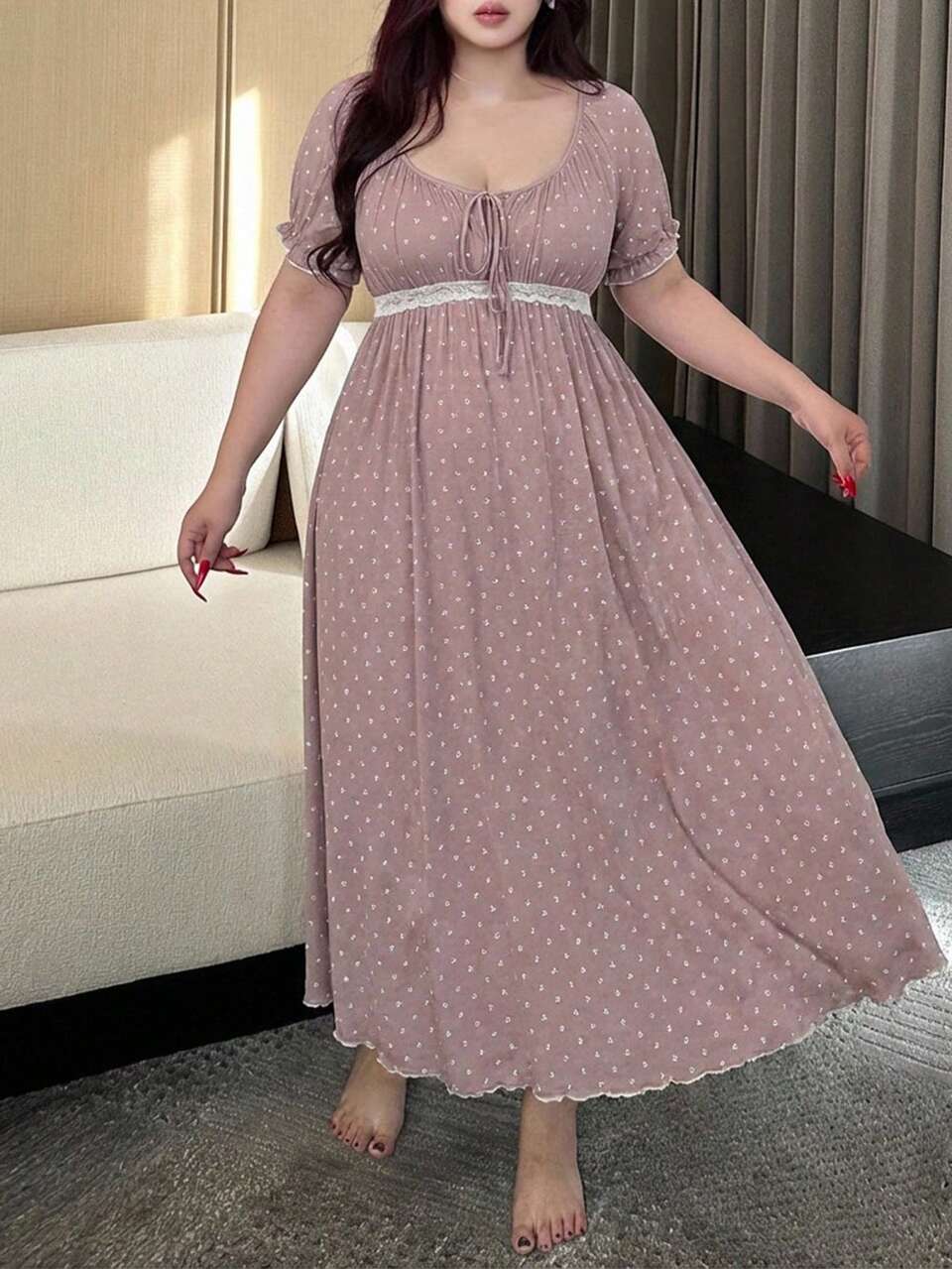 Dazy Plus Elegant Plus Size Ditsy Floral Scoop Neck Tie-Up Contrast Lace Cinched Waist Long Nightgown With Short Sleeves Summer Pajamas