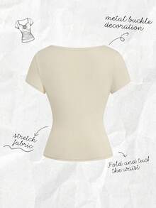 Franclia Apricot Knitted Fabric Square Neck Ruched Short Sleeve Casual T-Shirt For Women - Apricot - View 2