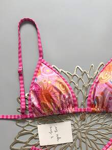 Swim Mod Bộ 2 món, áo bikini tam giác buộc cổ in họa tiết hoa ngẫu nhiên với họa tiết đĩa vàng và quần lọt khe cạp cao, đồ bơi gợi cảm cho nữ, bikini có gọng mùa xuân/hè, bộ bikini nữ, đồ bơi nữ, áo tắm nữ 2 mảnh, bikini sọc hồng - Nhiều màu - Xem 3