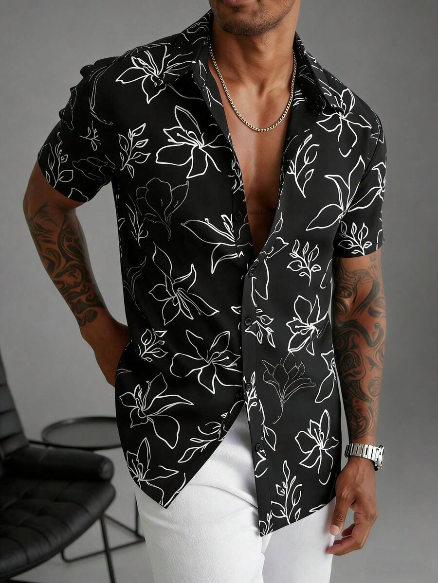Manfinity Homme 男士休闲装,度假必备:黑色短袖衬衫,简约数码印花,宽松版型,纽扣开合。男女通用,纽扣衬衫,黑白衬衫。男士经典款,适合日常休闲、周末旅行、户外活动、探险旅行、轻松的工作环境或半正式场合,也可作为男友/丈夫礼物、周年纪念/生日礼物、派对、暑假、婚礼、春夏交替、狂欢节等场合穿着。男士黑色印花短袖纽扣衬衫,时尚夏威夷风情上衣,黑白男士衬衫,男士印花纽扣衬衫,男士花衬衫,芙蓉花衬衫,黑白夏威夷衬衫。 - 黑色 - 查看 1