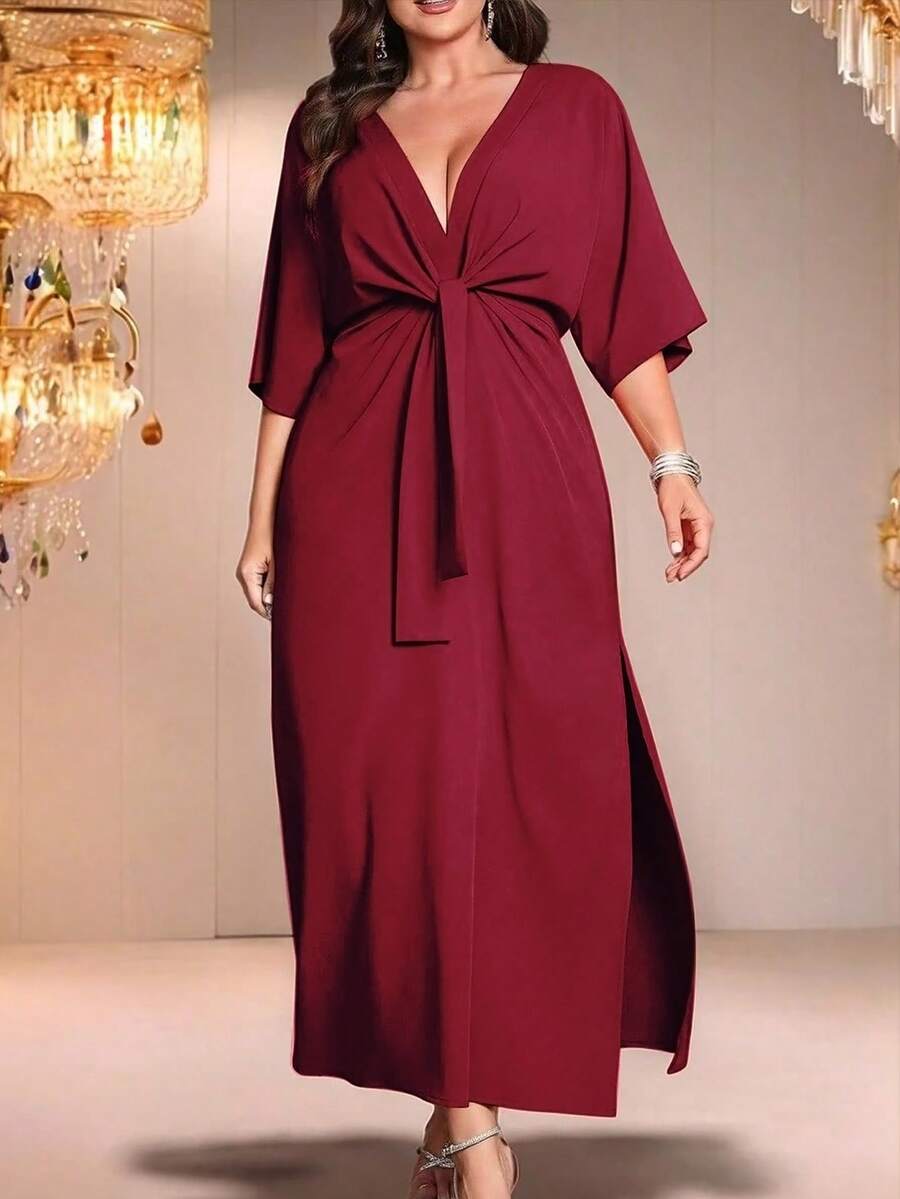 SHEIN Belle Plus Size Short Sleeve Split Hem Solid Color Waist Cinched Dress - Red - View 1