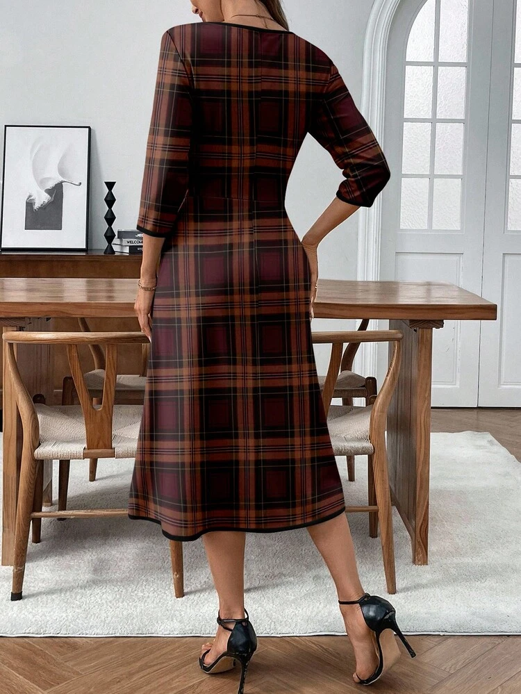 Women's Plaid Round Neck 3/4 Sleeve Elegant Mid-Length Dress Checkered Dress Autumn Dress Plaid Dress Women Teacher Dresses For Woman,Fall,Fall Clothes For Women,Casual