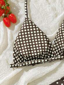 Brown Base Yellow Polka Dot & Plaid Reversible Tween Girls Swimsuit Set, Suitable For Summer Vacation, Swimming Pool, Beach Party - Multicolor - View 4