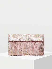 MOTF PREMIUM LADIES ELEGANT FLORAL PATTERN BEAD MATERIAL CLUTCH BAG ENVELOPE BAG WITH ARTIFICIAL FEATHER DECORATION,VALENTINES DAY - Baby Pink - View 3