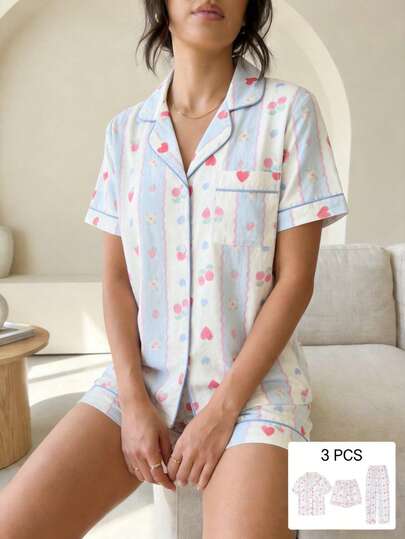 Pijama para mujer 3 piezas, incluye camisa de manga corta, pantalón largo y short, pijama juvenil de verano e invierno, ropa cómoda para dormir, fashion homewear, set de descanso, ideal para regalar, loungewear femenino para casa, conjunto casual y moderno para todas las temporadas.