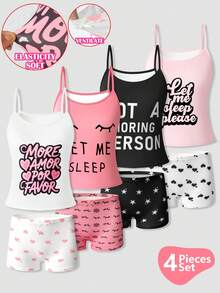 Girls' Minimalist Solid Color Series Wireless Camisole & Comfortable Boyshort Panty 4-Piece Underwear Set - Multicolor - View 1