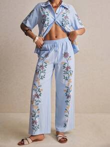 Poéselle Women's 100% Cotton Floral Wide-Leg Pants,Light Blue Boho Elastic-Waist Lounge Trousers Embroidered Palazzo Summer Beach Vacation Holiday Autumn - Blue - View 3