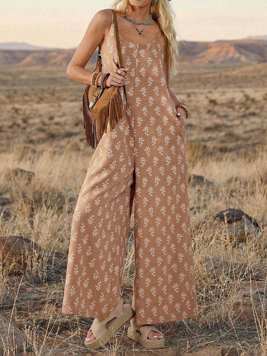 Wildy 美式休闲西部乡村复古风女装春夏基本款套装，无袖连体裤，带口袋，适合日常穿着和通勤。 - 卡其色 - 查看 1