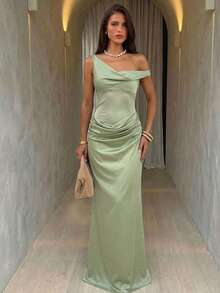 Aloruh Đầm dài lệch vai phối lưới gợi cảm dành cho nữ, màu xanh lá cây. - màu xanh lá - Xem 3