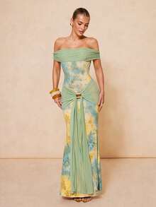 Lumalex Vestido de sirena elegante y sexy para vacaciones con diseño ajustado de cintura, hombros descubiertos y decoración de hebilla metálica, primavera/verano - Multicolor - Ver 13