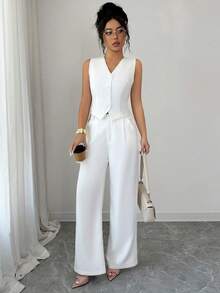 Elenzga 女士优雅通勤办公套装，白色编织撞色蕾丝无袖背心+直筒阔腿裤，女士工作服两件套优雅套装，女士商务休闲装，女士工作背心白色阔腿裤，女士正式服装工作服 - 白色 - 查看 4