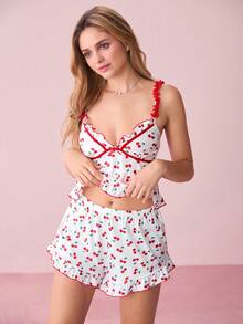 Bonmuse Cherry Printed Frilled Trim Decor Women Pajama Set Holiday Seasonfor Summer - Multicolor - View 6