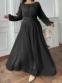 Vibekara 优雅法式雪纺褶皱A字高腰及踝连衣裙，杏色，加大码 - 黑色 - 查看 5