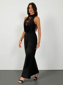 SHEIN Tall 女士纯色蕾丝拼接无袖连体裤，黑色蕾丝边连体裤，适合派对、正式场合、鸡尾酒会、节日活动、圣诞节服装和新年服装。 - 黑色 - 查看 9