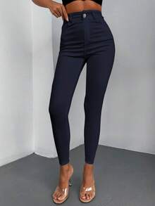 EURMUSE Solid Zipper Fly Skinny Jeans - Navy Blue - View 4