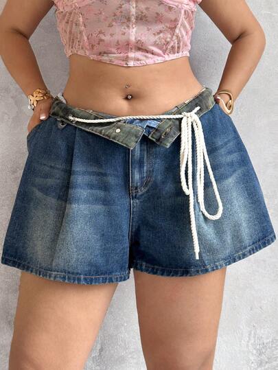 Sunnyshic 大码女式高腰宽松抽绳牛仔短裤