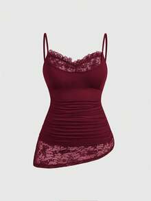 ROMWE Goth Plus Size Sexy Butterfly Lace Patchwork Minimalist Versatile Long Camisole And Tank Top - Burgundy - View 1