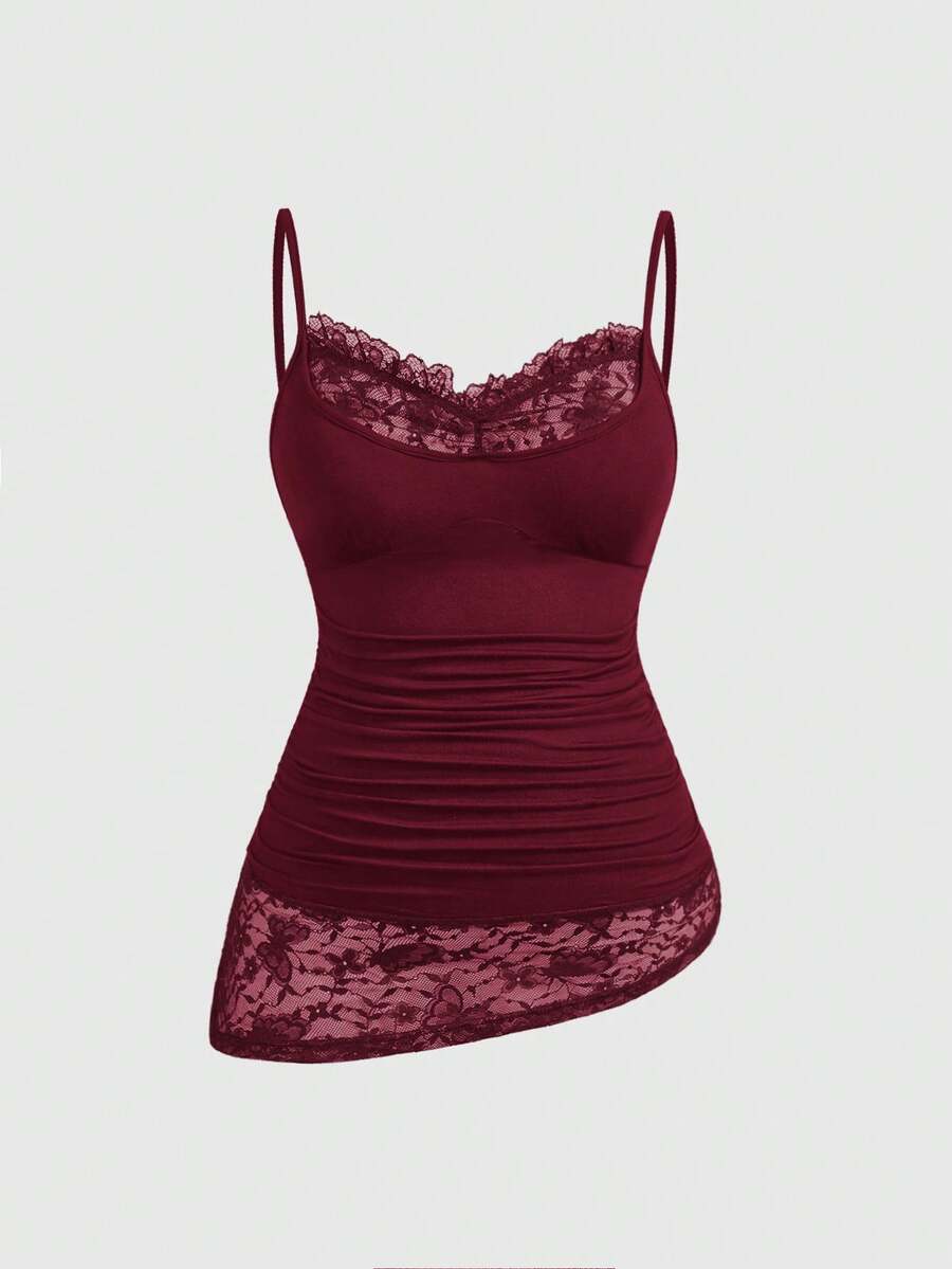 ROMWE Goth Plus Size Sexy Butterfly Lace Patchwork Minimalist Versatile Long Camisole And Tank Top - Burgundy - View 1