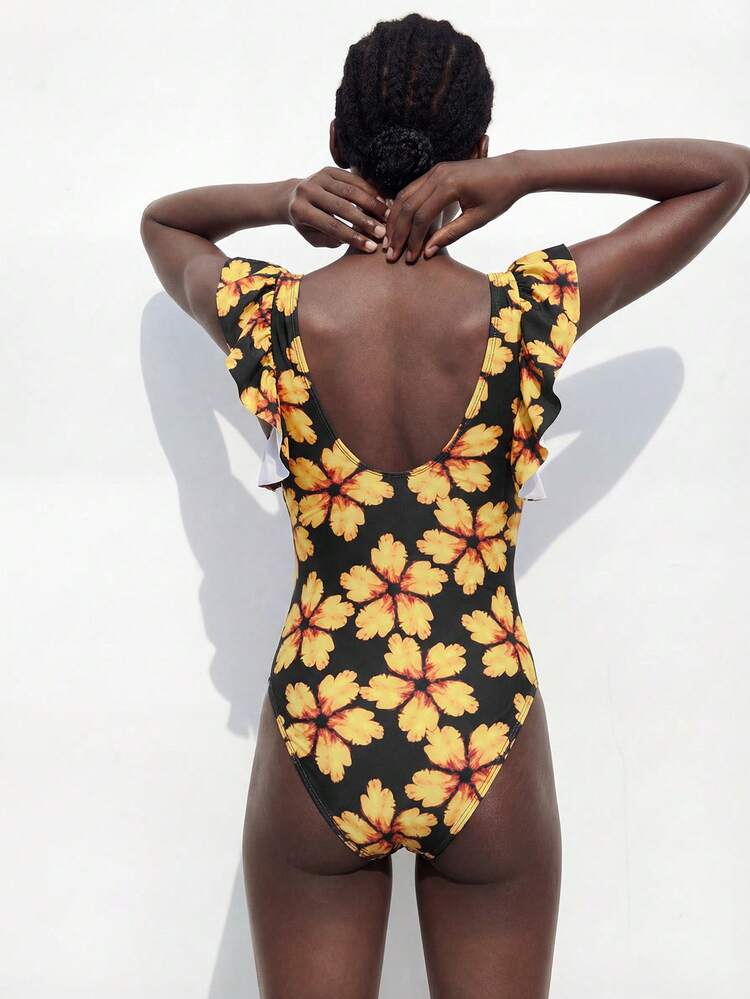 SHEIN Maija Women's Floral Print Deep V-Neck One-Piece Swimsuit, Suitable For Beach Vacation, Pool Party, Beach Party One Piece Swimsuit Floral Swimsuit Ruffle Strap Swimsuit Flower Bathing Suit V-Neck Swimsuit Floral One Piece Swimsuit Women's Swimsuits Bathing Suit With Ruffle Sleeves Women's One Piece Swimsuit Women's Floral Bathing Suit One Piece Swimsuit Women