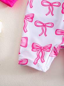 SHEIN 女婴蝴蝶印花荷叶边连体泳衣，适合海滩度假 - 玫紅色 - 查看 5